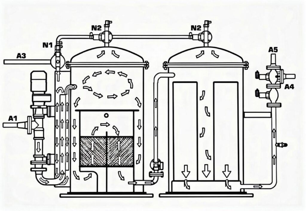 Typical oily water separator (OWS) operating principle diagram showing three-stage separation process according to MARPOL Annex I.