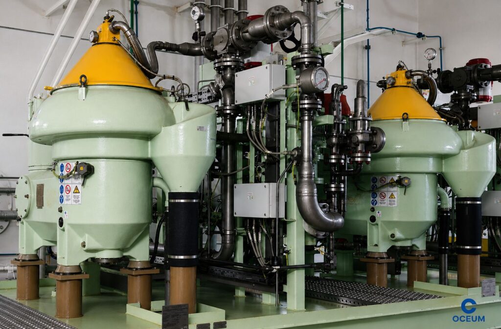 Marine lubricating oil separators installed in engine room onboard ship