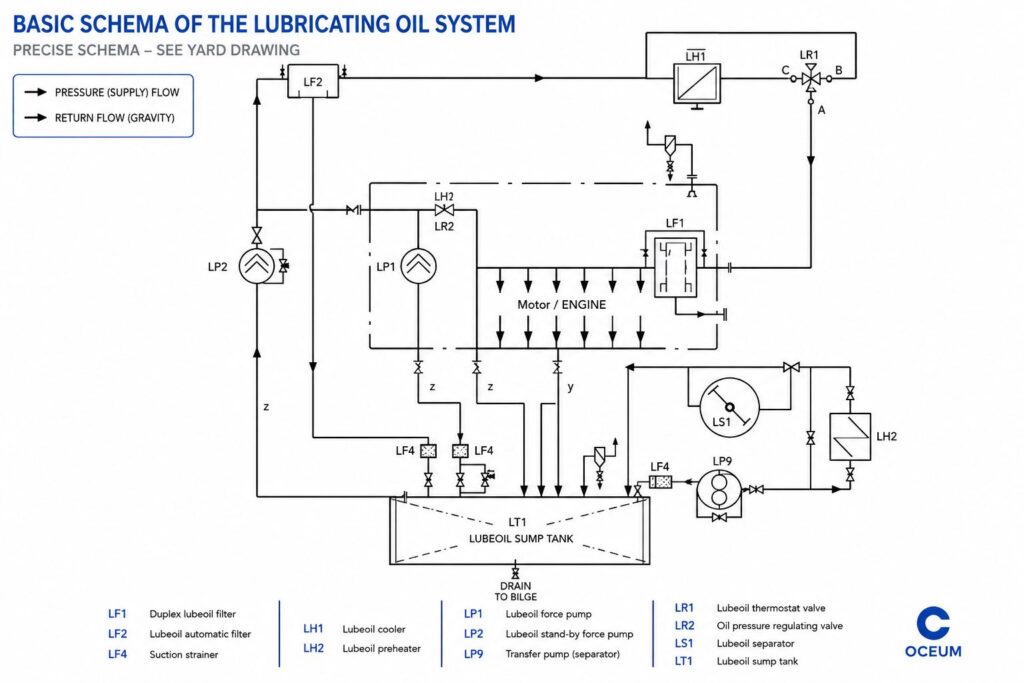 Basic marine engine lubricating oil system diagram showing pumps, filters, cooler and separator flow arrangement