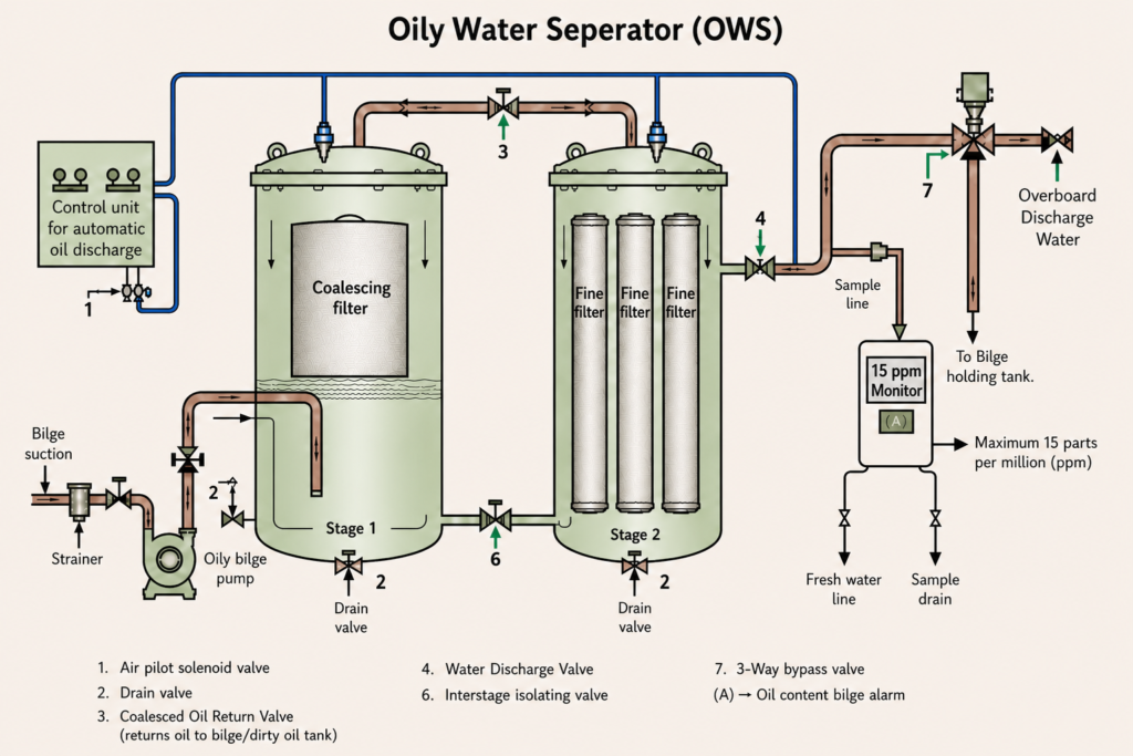 Oily Water Separator (OWS) two-stage system diagram with coalescing and fine filters