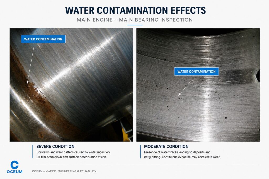 Main engine bearing surface damage caused by water contamination in lubricating oil